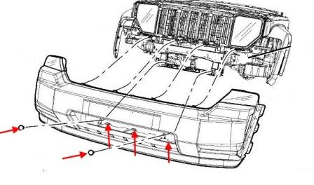 the scheme of fastening to front bumper Jeep Cherokee KK Liberty (2008-2013)